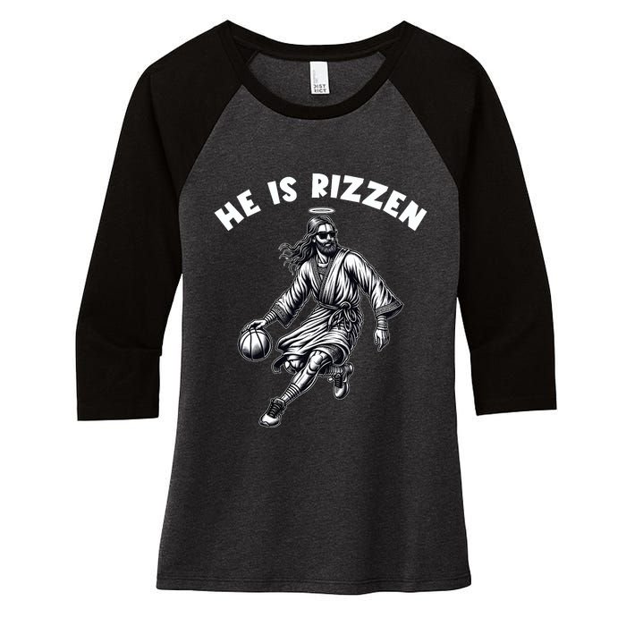 He Is Rizzen Jesus Playing Basketball Funny Easter Day Women's Tri-Blend 3/4-Sleeve Raglan Shirt