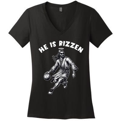 He Is Rizzen Jesus Playing Basketball Funny Easter Day Women's V-Neck T-Shirt