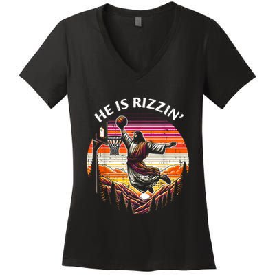 He Is Rizzin Jesus Basketball Easter Christian Women's V-Neck T-Shirt