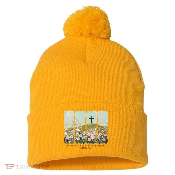 He Is Risen Christian Wildflower Happy Easter Pom Pom 12in Knit Beanie