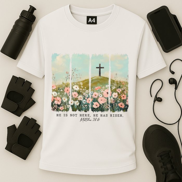 He Is Risen Christian Wildflower Happy Easter Cooling Performance Crew T-Shirt
