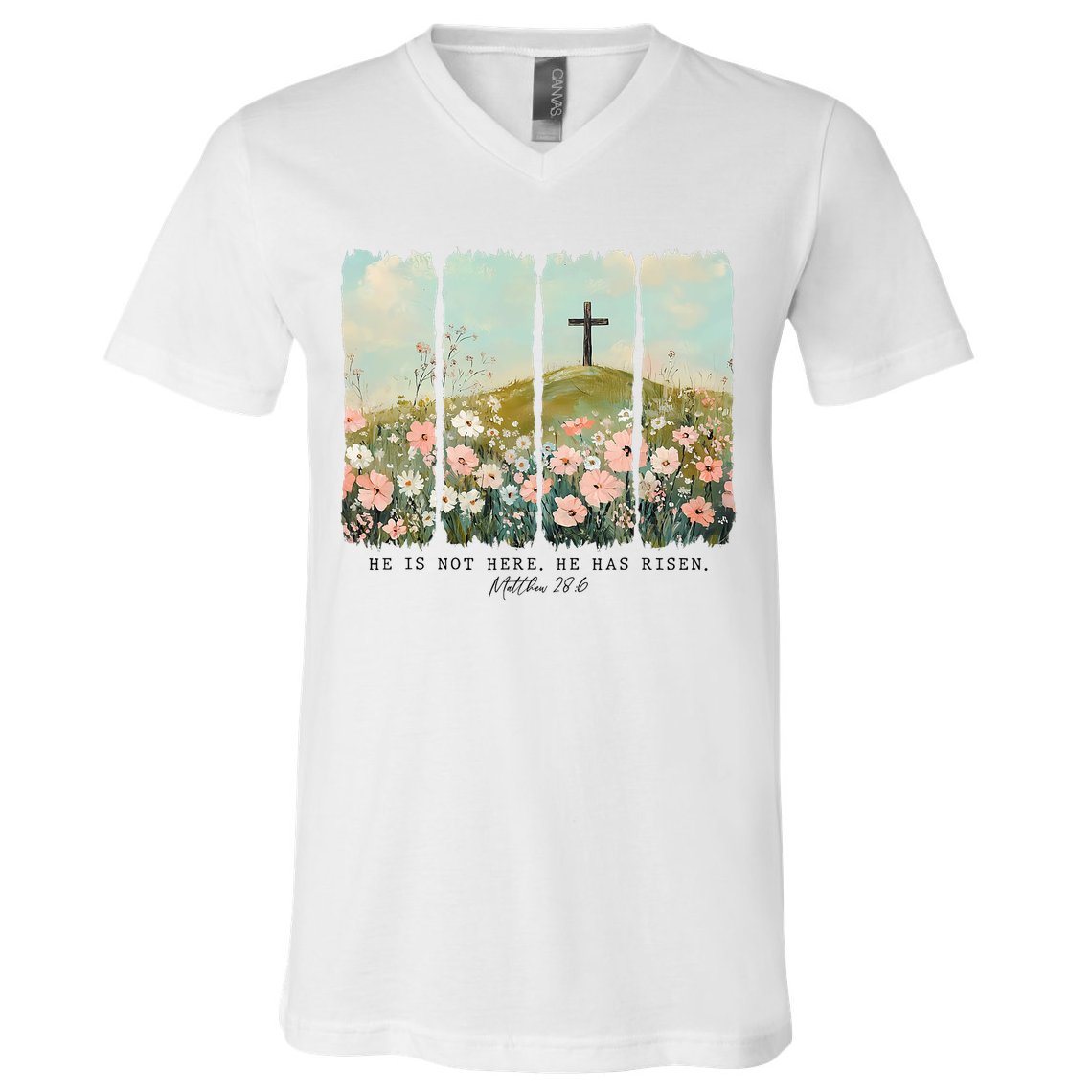 He Is Risen Christian Wildflower Happy Easter V-Neck T-Shirt