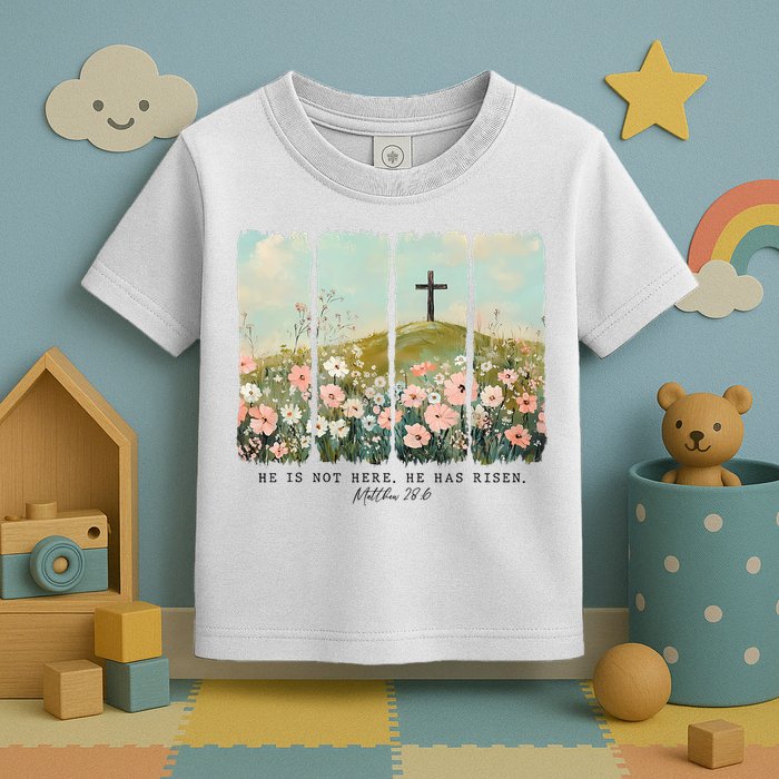 He Is Risen Christian Wildflower Happy Easter Toddler T-Shirt