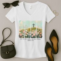 He Is Risen Christian Wildflower Happy Easter Women's V-Neck T-Shirt