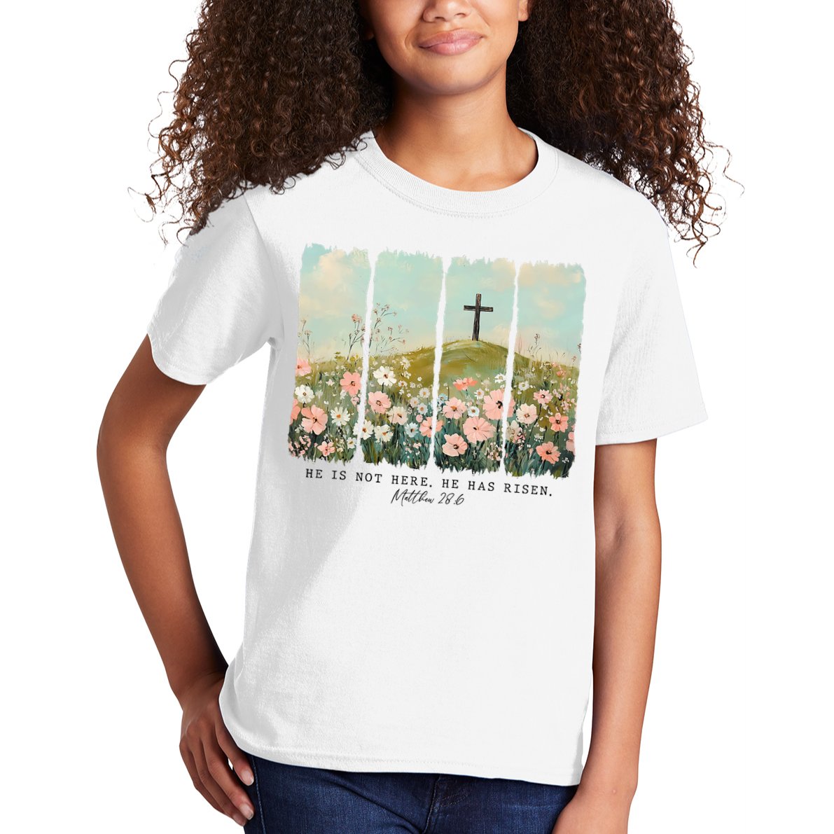 He Is Risen Christian Wildflower Happy Easter Kids T-Shirt