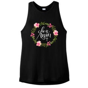 He Is Risen Jesus Christian Happy Easter Floral Wreath Gift Ladies PosiCharge Tri-Blend Wicking Tank