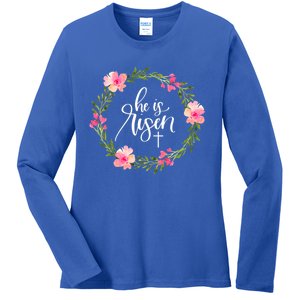 He Is Risen Jesus Christian Happy Easter Floral Wreath Gift Ladies Long Sleeve Shirt