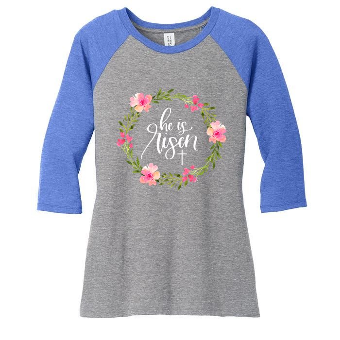 He Is Risen Jesus Christian Happy Easter Floral Wreath Gift Women's Tri-Blend 3/4-Sleeve Raglan Shirt