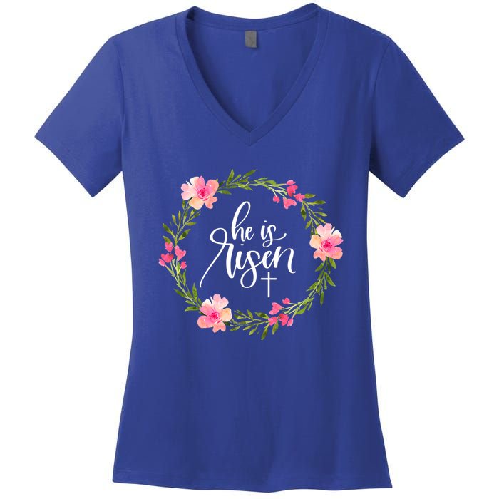 He Is Risen Jesus Christian Happy Easter Floral Wreath Gift Women's V-Neck T-Shirt