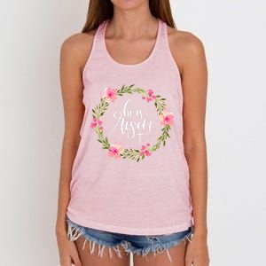 He Is Risen Jesus Christian Happy Easter Floral Wreath Gift Women's Knotted Racerback Tank