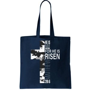 He Is Risen Christian Easter Bible Verse Camo Cross Graphic Tote Bag