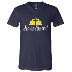 He Is Risen Christian Easter Cross V-Neck T-Shirt