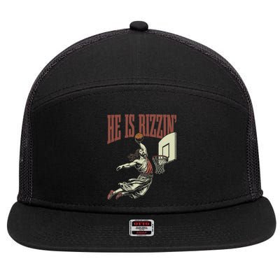 He Is Rizzin Funny Jesus Playing Basketball Meme Easter 7 Panel Mesh Trucker Snapback Hat