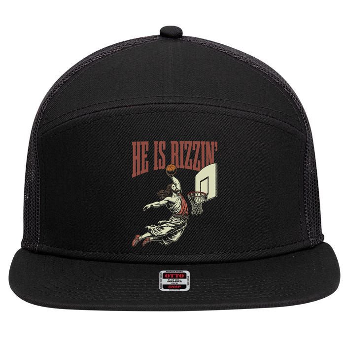 He Is Rizzin Funny Jesus Playing Basketball Meme Easter 7 Panel Mesh Trucker Snapback Hat