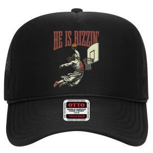 He Is Rizzin Funny Jesus Playing Basketball Meme Easter High Crown Mesh Back Trucker Hat