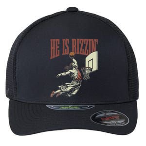 He Is Rizzin Funny Jesus Playing Basketball Meme Easter Flexfit Unipanel Trucker Cap