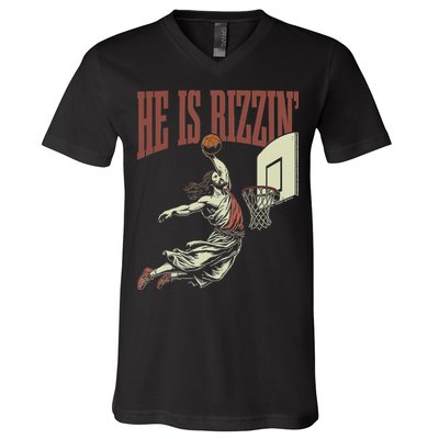 He Is Rizzin Funny Jesus Playing Basketball Meme Easter V-Neck T-Shirt