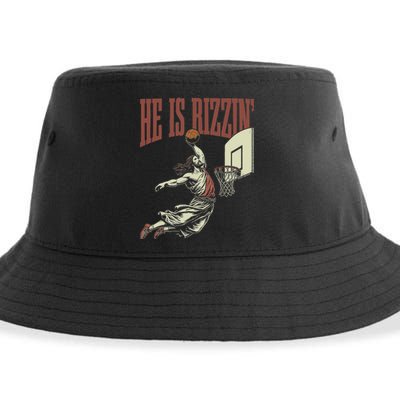 He Is Rizzin Funny Jesus Playing Basketball Meme Easter Sustainable Bucket Hat