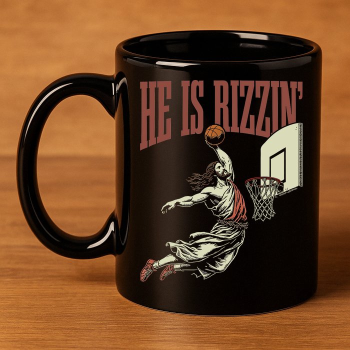 He Is Rizzin Funny Jesus Playing Basketball Meme Easter 11oz C Handle Ceramic Mug