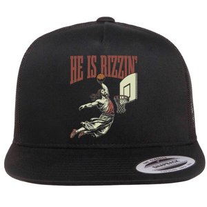 He Is Rizzin Funny Jesus Playing Basketball Meme Easter Flat Bill Trucker Hat