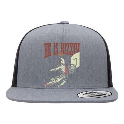 He Is Rizzin Funny Jesus Playing Basketball Meme Easter Flat Bill Trucker Hat