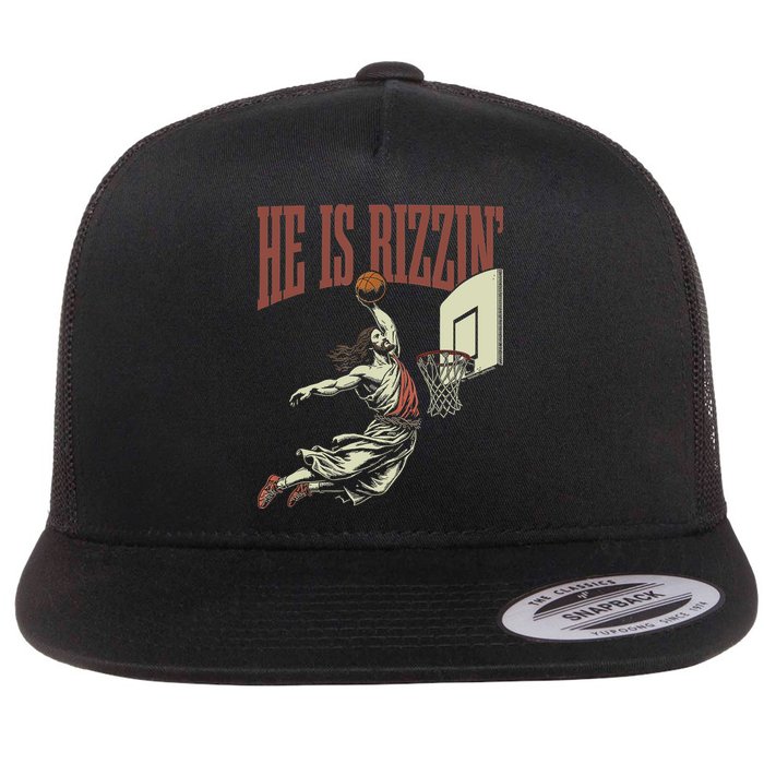 He Is Rizzin Funny Jesus Playing Basketball Meme Easter Flat Bill Trucker Hat