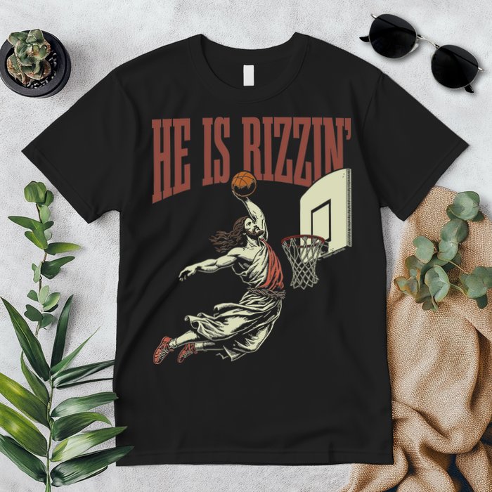 He Is Rizzin Funny Jesus Playing Basketball Meme Easter Premium T-Shirt