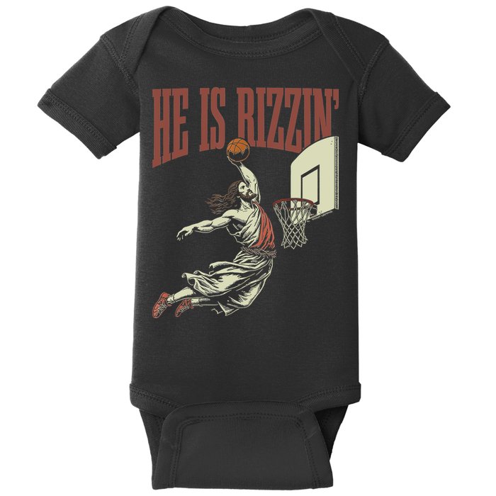 He Is Rizzin Funny Jesus Playing Basketball Meme Easter Baby Bodysuit