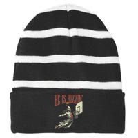 He Is Rizzin Funny Jesus Playing Basketball Meme Easter Striped Beanie with Solid Band