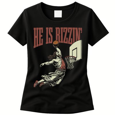 He Is Rizzin Funny Jesus Playing Basketball Meme Easter Womens T-Shirt