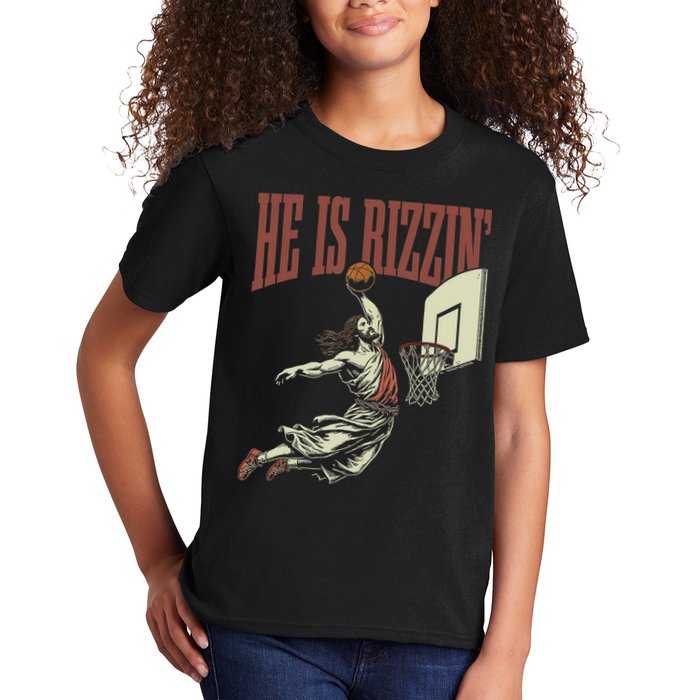 He Is Rizzin Funny Jesus Playing Basketball Meme Easter Kids T-Shirt