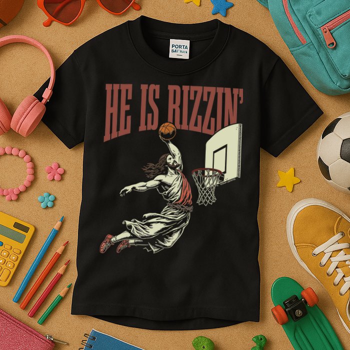 He Is Rizzin Funny Jesus Playing Basketball Meme Easter Kids T-Shirt