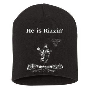 He Is Rizzin Funny Basketball Retro Christian Religious Short Acrylic Beanie