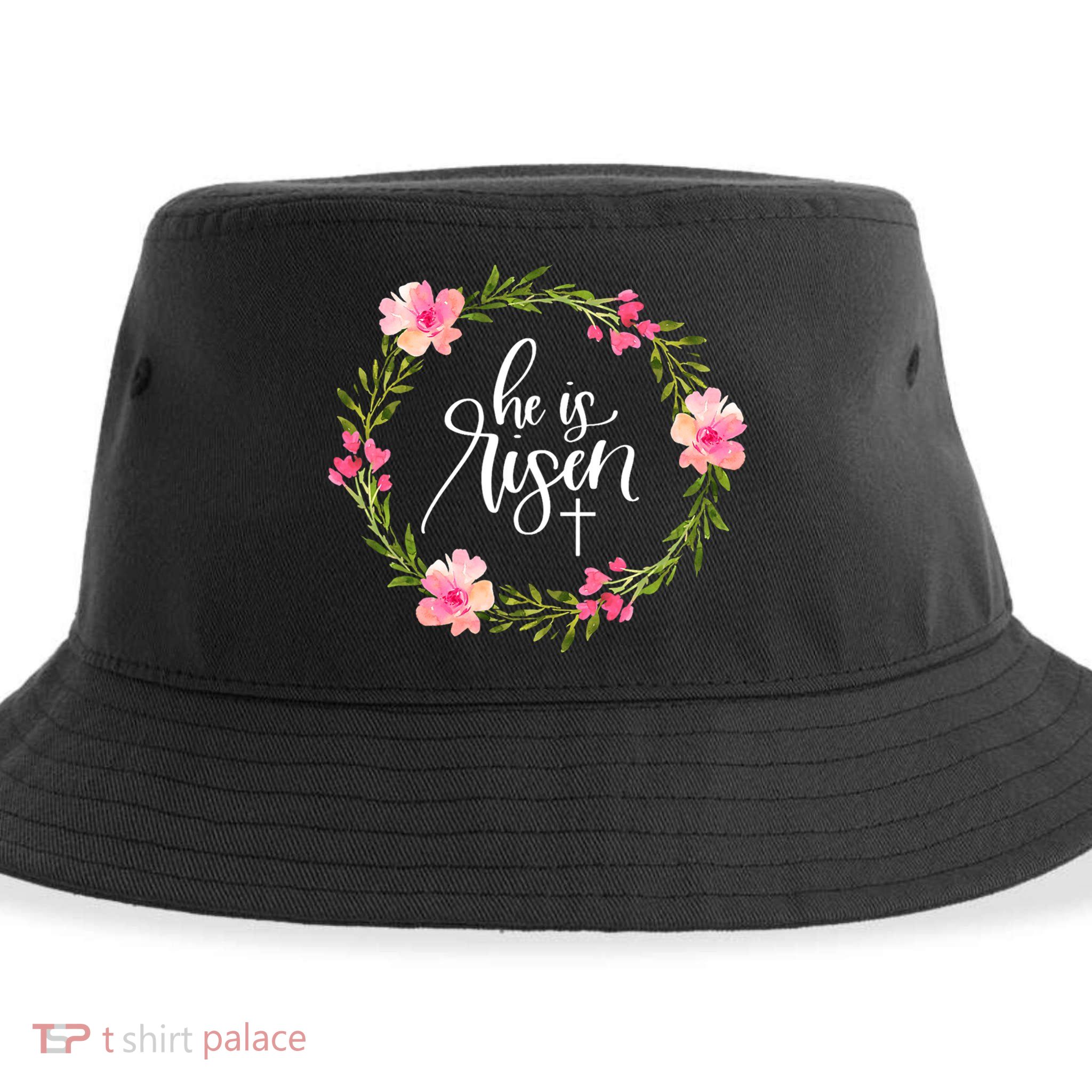 He Is Risen Jesus Christian Happy Easter Floral Wreath Great Gift Sustainable Bucket Hat