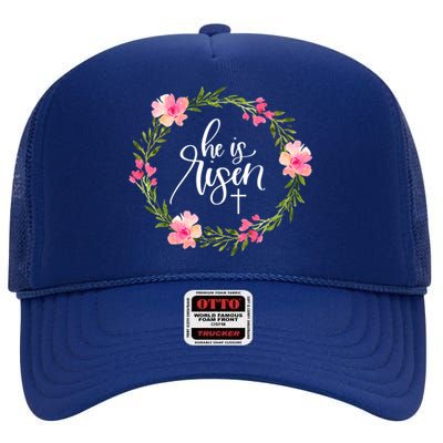 He Is Risen Jesus Christian Happy Easter Floral Wreath Great Gift High Crown Mesh Back Trucker Hat