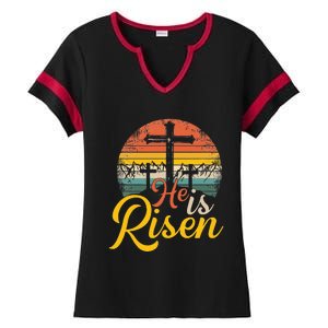 He is Risen Jesus Christian Happy Easter Floral Wreath Ladies Halftime Notch Neck Tee