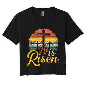 He is Risen Jesus Christian Happy Easter Floral Wreath Women's Crop Top Tee