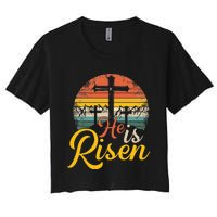 He is Risen Jesus Christian Happy Easter Floral Wreath Women's Crop Top Tee