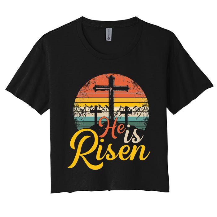 He is Risen Jesus Christian Happy Easter Floral Wreath Women's Crop Top Tee