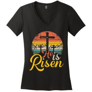 He is Risen Jesus Christian Happy Easter Floral Wreath Women's V-Neck T-Shirt