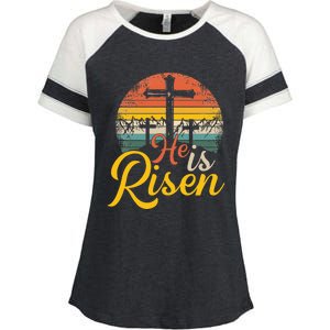 He is Risen Jesus Christian Happy Easter Floral Wreath Enza Ladies Jersey Colorblock Tee