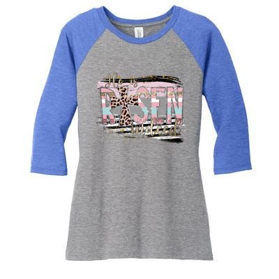 He Is Risen Jesus Christian Happy Easter Leopard Gift Women's Tri-Blend 3/4-Sleeve Raglan Shirt