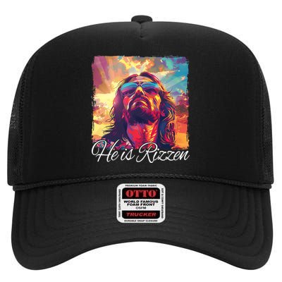 He Is Rizzen Jesus Trending Design High Crown Mesh Back Trucker Hat