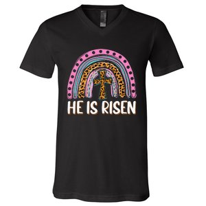 He is Risen Jesus Christian Happy Easter Floral Wreath V-Neck T-Shirt