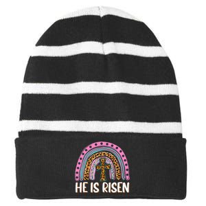 He is Risen Jesus Christian Happy Easter Floral Wreath Striped Beanie with Solid Band