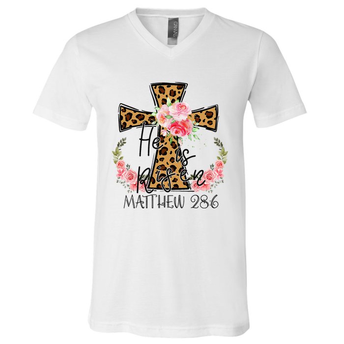 He is Risen Jesus Christian Happy Easter Floral Leopard V-Neck T-Shirt