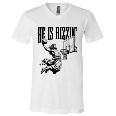 He Is Rizzin Funny Jesus Basketball Easter Meme V-Neck T-Shirt