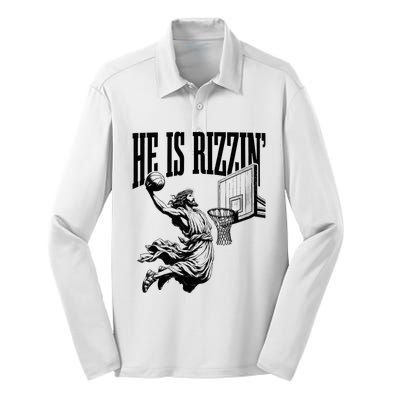 He Is Rizzin Funny Jesus Basketball Easter Meme Silk Touch Performance Long Sleeve Polo