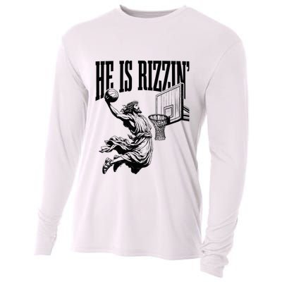 He Is Rizzin Funny Jesus Basketball Easter Meme Cooling Performance Long Sleeve Crew
