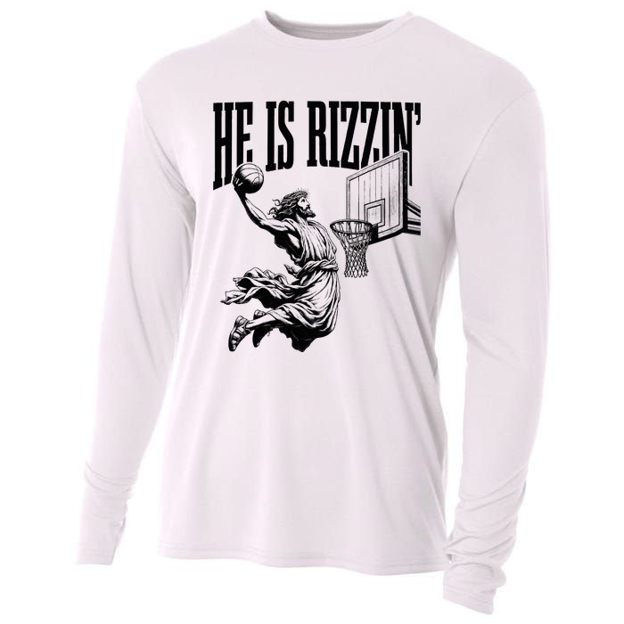 He Is Rizzin Funny Jesus Basketball Easter Meme Cooling Performance Long Sleeve Crew